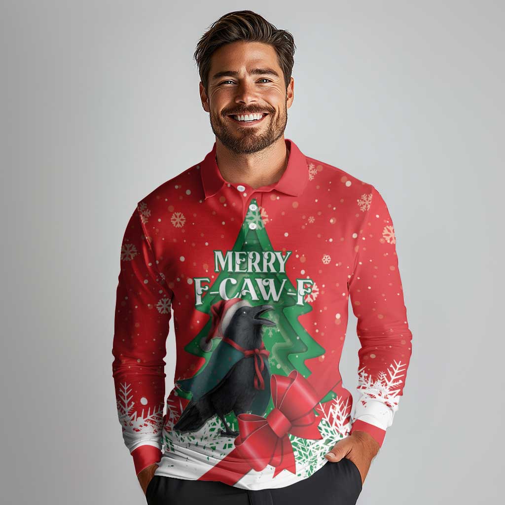 Funny Christmas Raven Long Sleeve Polo Shirt Merry F Caw F - Wonder Print Shop