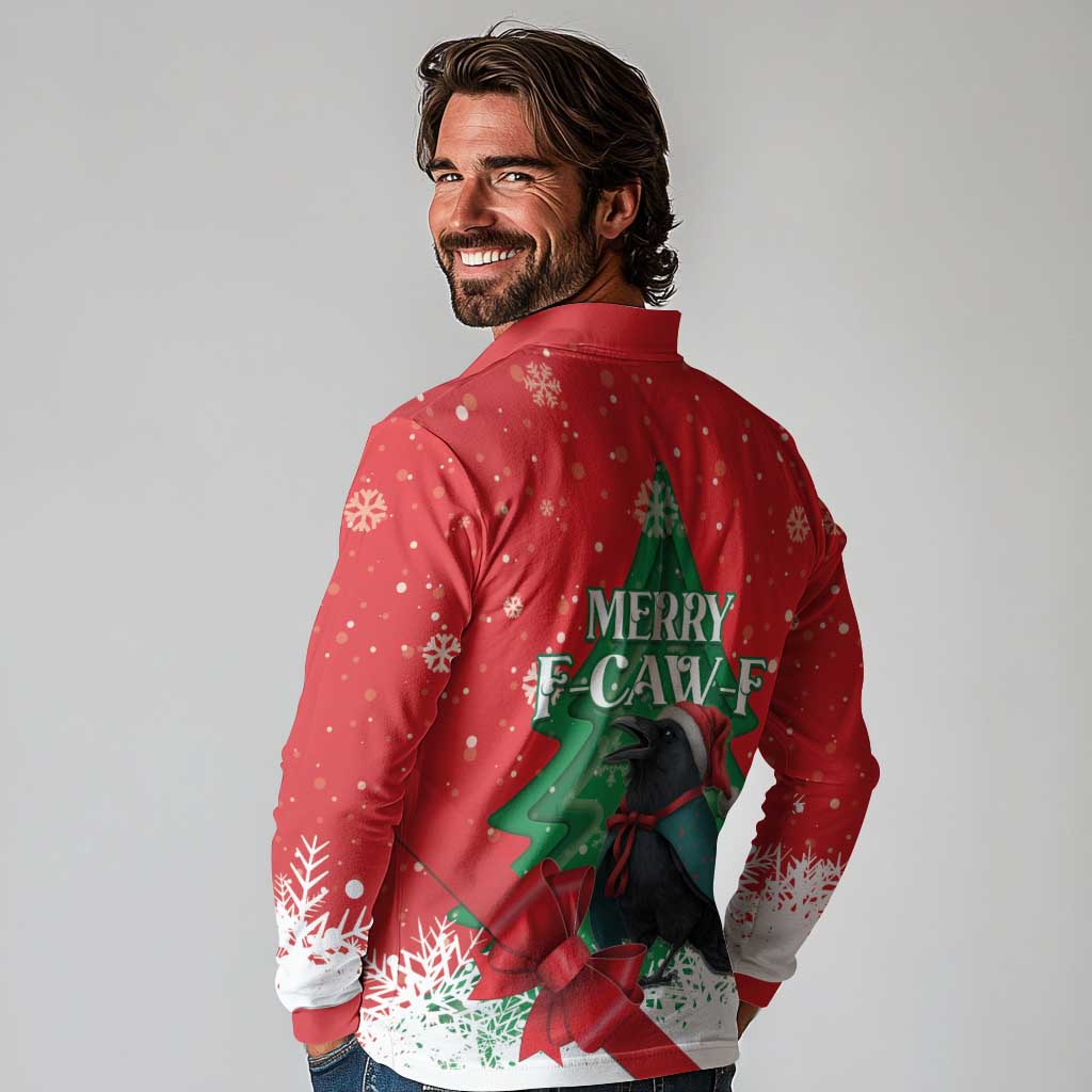 Funny Christmas Raven Long Sleeve Polo Shirt Merry F Caw F - Wonder Print Shop