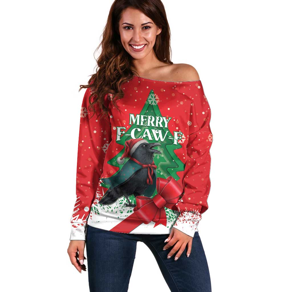 Funny Christmas Raven Off Shoulder Sweater Merry F Caw F - Wonder Print Shop
