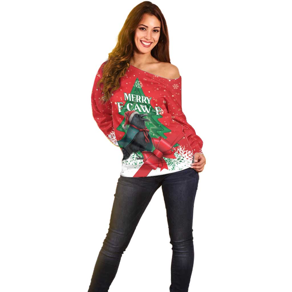 Funny Christmas Raven Off Shoulder Sweater Merry F Caw F - Wonder Print Shop