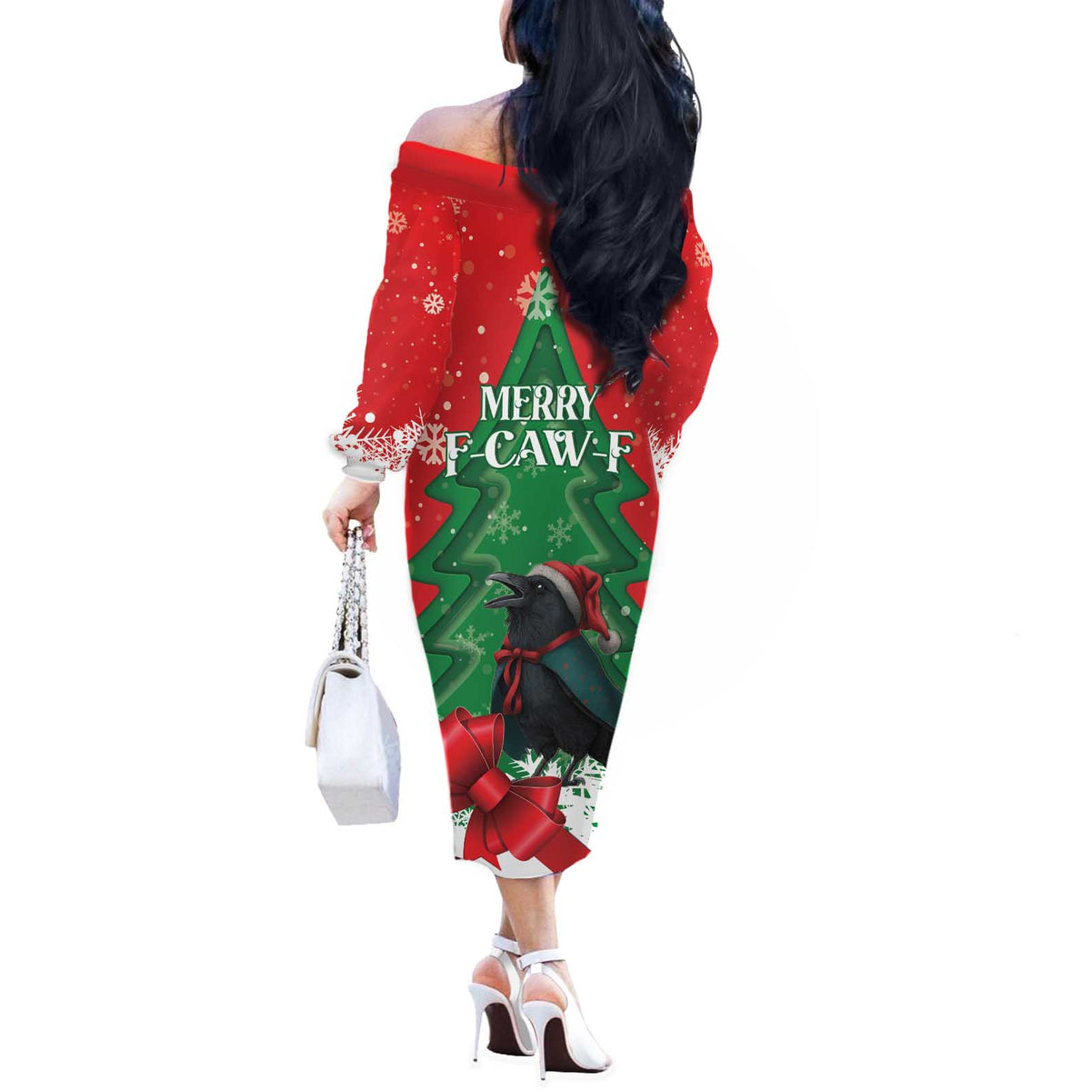 Funny Christmas Raven Off The Shoulder Long Sleeve Dress Merry F Caw F - Wonder Print Shop
