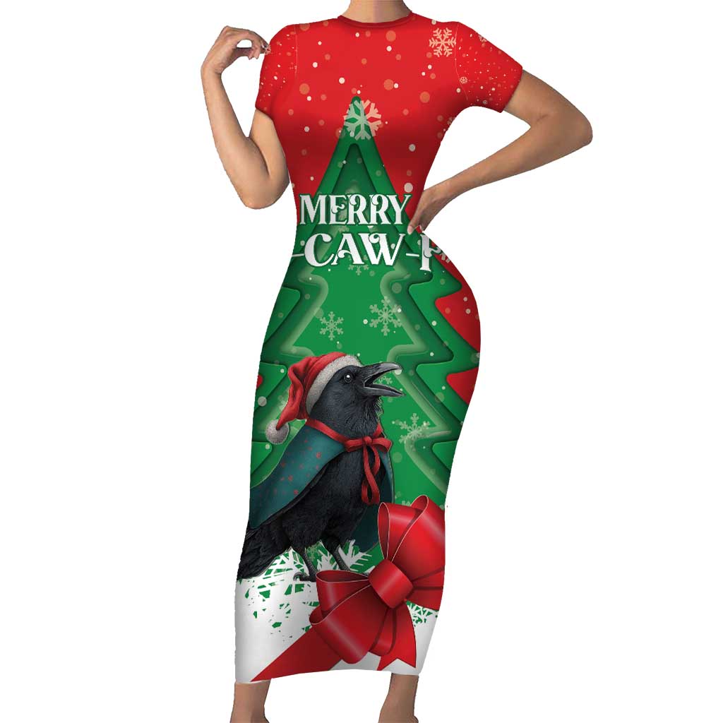 Funny Christmas Raven Short Sleeve Bodycon Dress Merry F Caw F - Wonder Print Shop