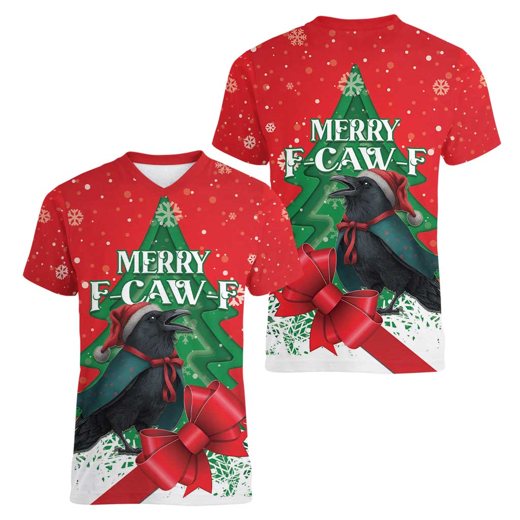 Funny Christmas Raven Women V-Neck T-Shirt Merry F Caw F - Wonder Print Shop