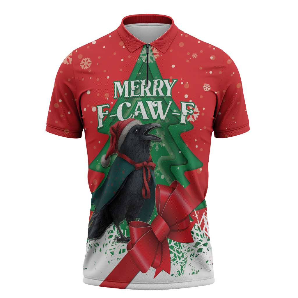 Funny Christmas Raven Zipper Polo Shirt Merry F Caw F - Wonder Print Shop