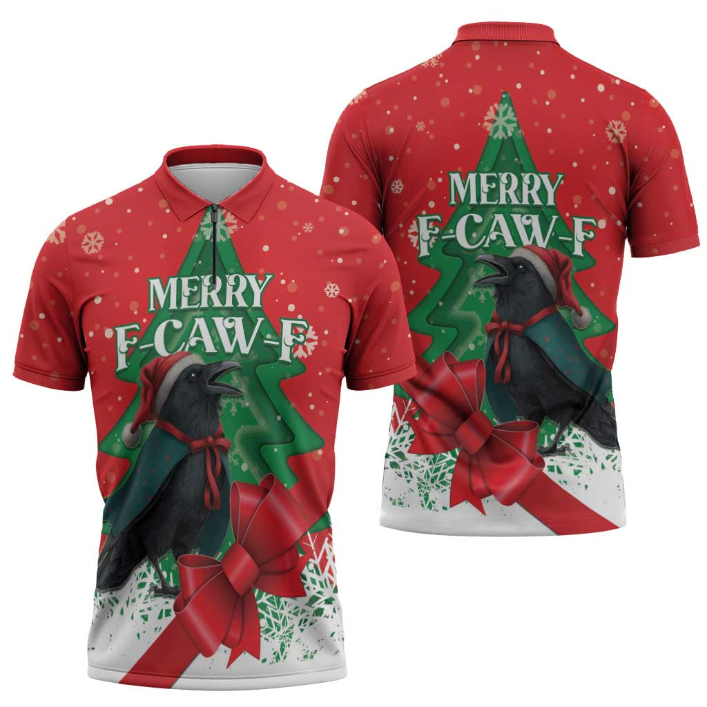 Funny Christmas Raven Zipper Polo Shirt Merry F Caw F - Wonder Print Shop