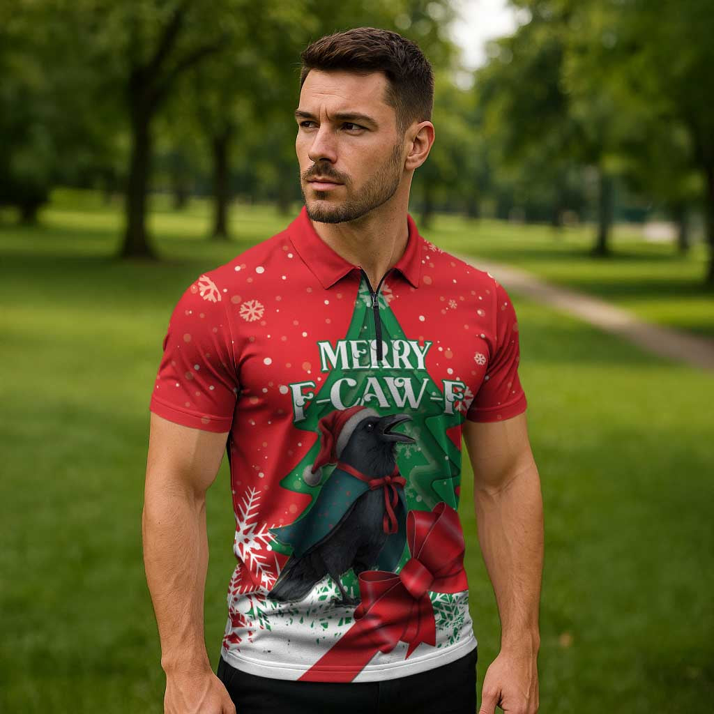 Funny Christmas Raven Zipper Polo Shirt Merry F Caw F - Wonder Print Shop