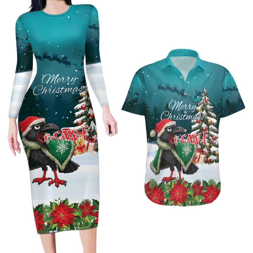 F Caw F Raven Santa Couples Matching Long Sleeve Bodycon Dress and Hawaiian Shirt Funny Christmas - Wonder Print Shop