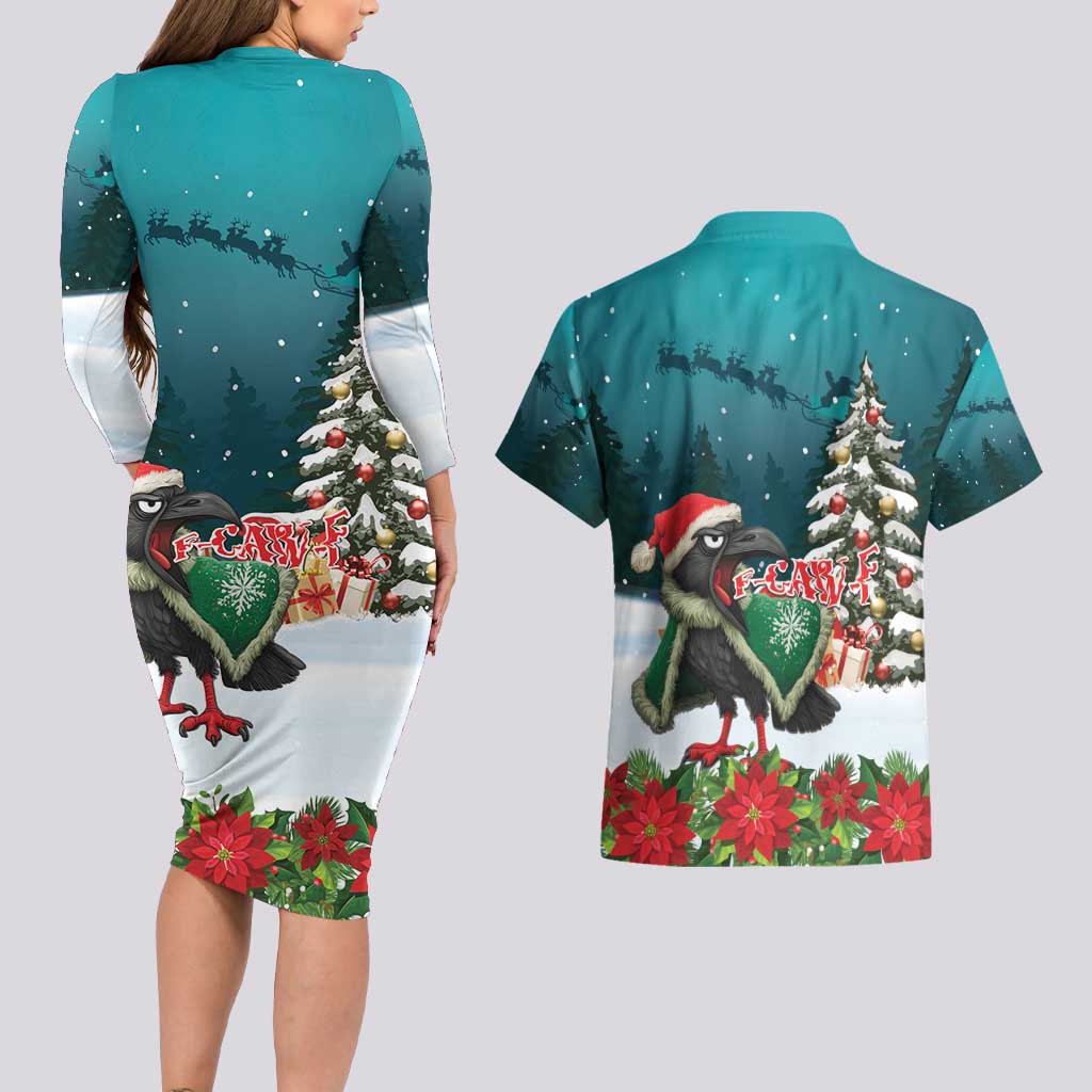 F Caw F Raven Santa Couples Matching Long Sleeve Bodycon Dress and Hawaiian Shirt Funny Christmas - Wonder Print Shop