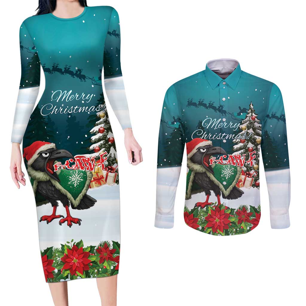 F Caw F Raven Santa Couples Matching Long Sleeve Bodycon Dress and Long Sleeve Button Shirt Funny Christmas - Wonder Print Shop
