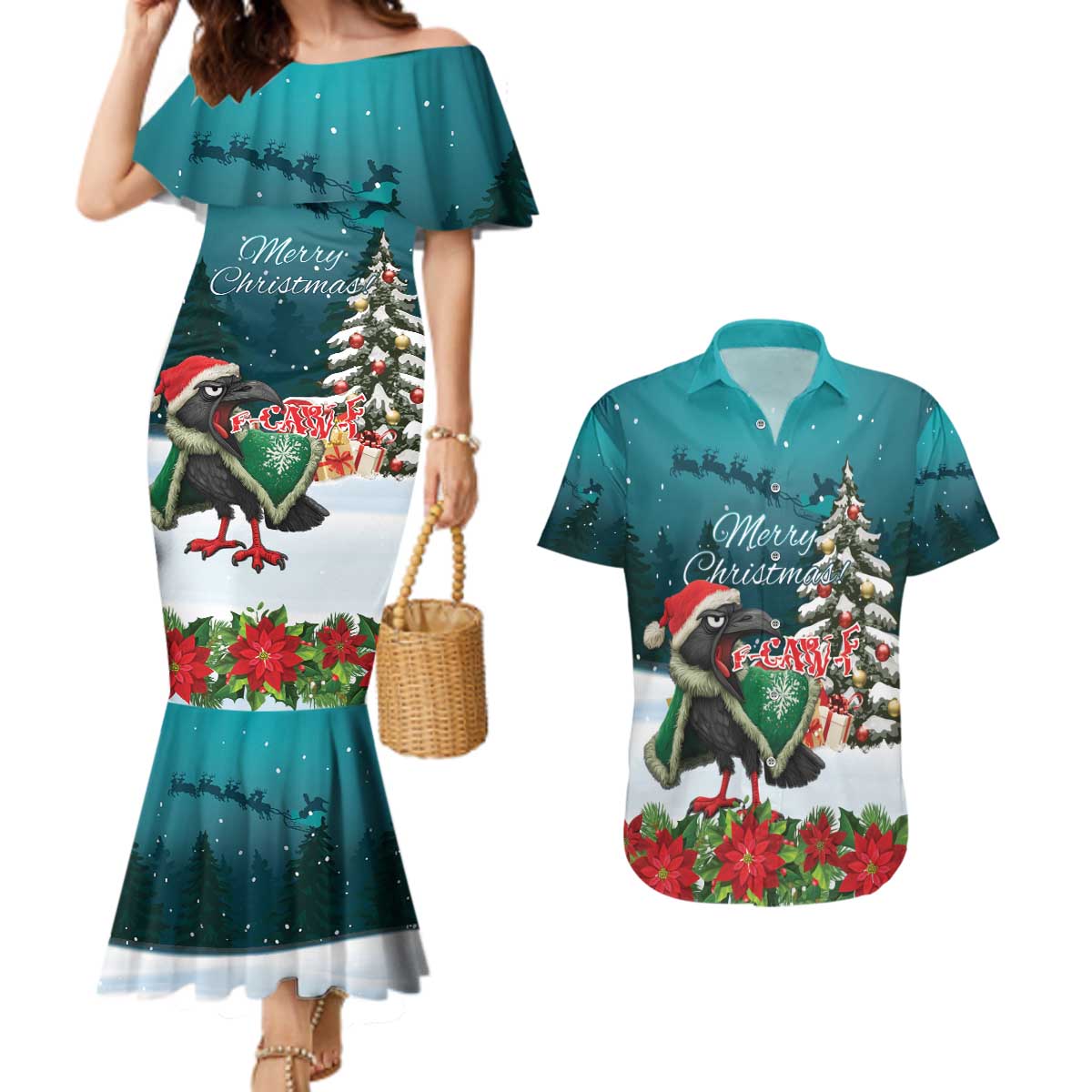 F Caw F Raven Santa Couples Matching Mermaid Dress and Hawaiian Shirt Funny Christmas - Wonder Print Shop
