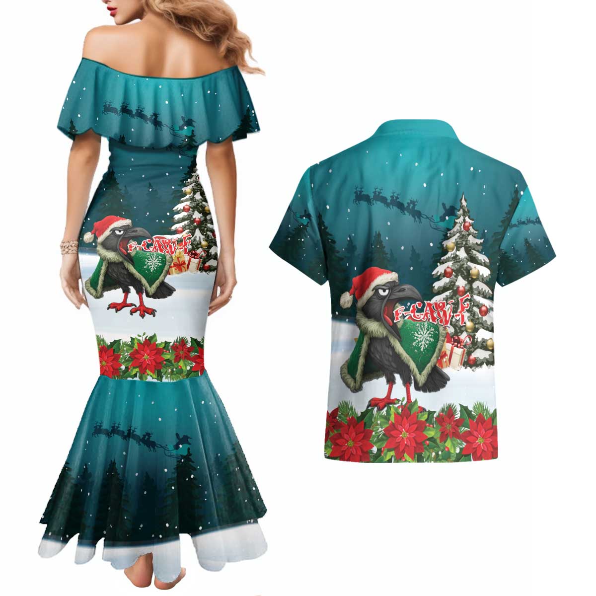 F Caw F Raven Santa Couples Matching Mermaid Dress and Hawaiian Shirt Funny Christmas - Wonder Print Shop