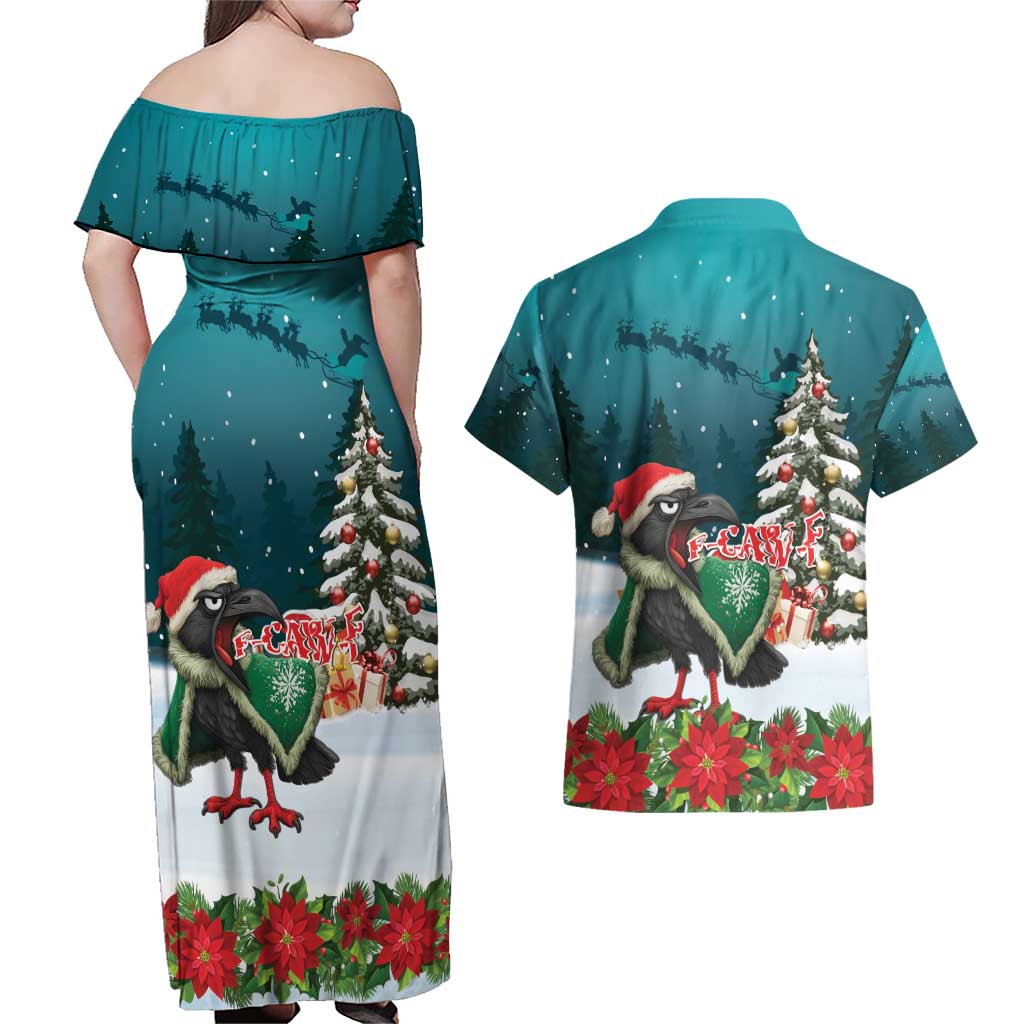 F Caw F Raven Santa Couples Matching Off Shoulder Maxi Dress and Hawaiian Shirt Funny Christmas - Wonder Print Shop