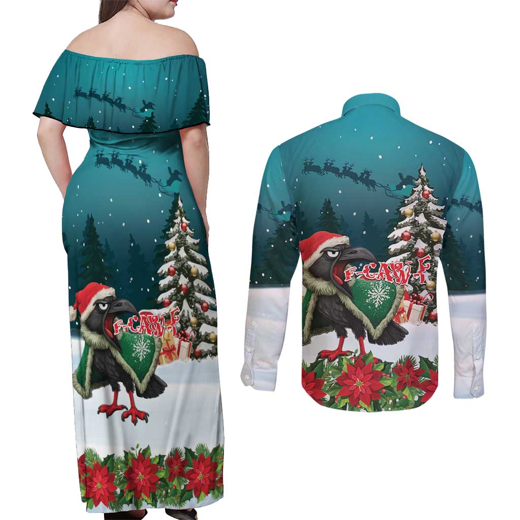 F Caw F Raven Santa Couples Matching Off Shoulder Maxi Dress and Long Sleeve Button Shirt Funny Christmas - Wonder Print Shop