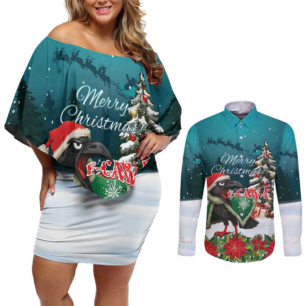 F Caw F Raven Santa Couples Matching Off Shoulder Short Dress and Long Sleeve Button Shirt Funny Christmas - Wonder Print Shop
