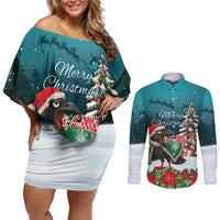 F Caw F Raven Santa Couples Matching Off Shoulder Short Dress and Long Sleeve Button Shirt Funny Christmas - Wonder Print Shop