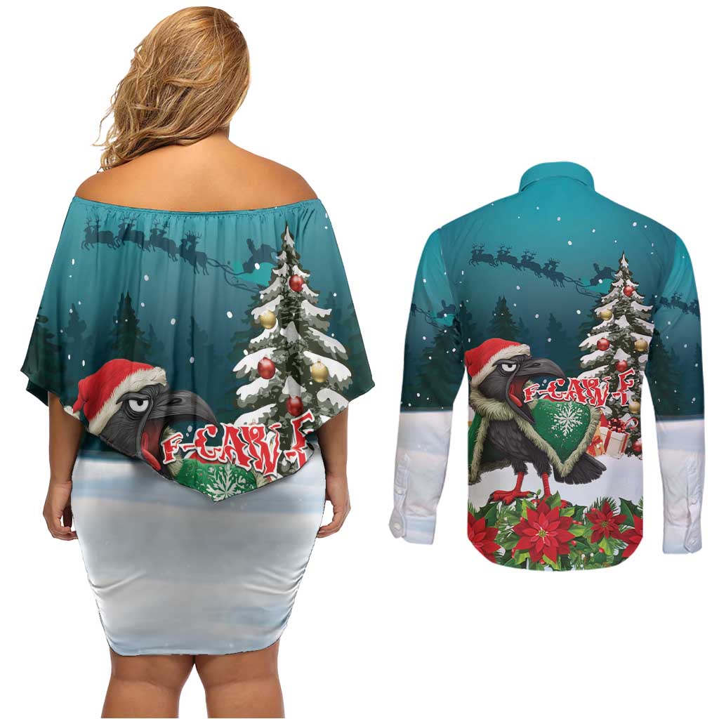 F Caw F Raven Santa Couples Matching Off Shoulder Short Dress and Long Sleeve Button Shirt Funny Christmas - Wonder Print Shop