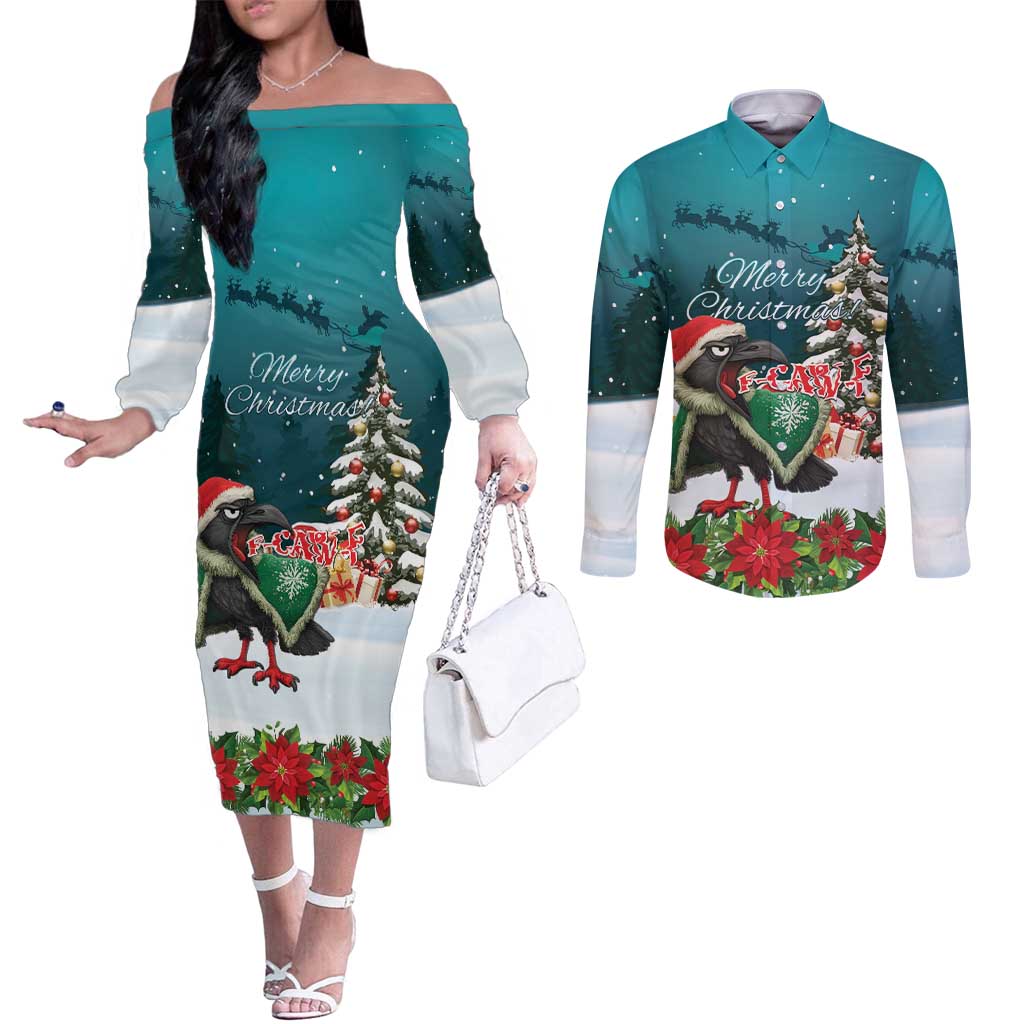 F Caw F Raven Santa Couples Matching Off The Shoulder Long Sleeve Dress and Long Sleeve Button Shirt Funny Christmas - Wonder Print Shop