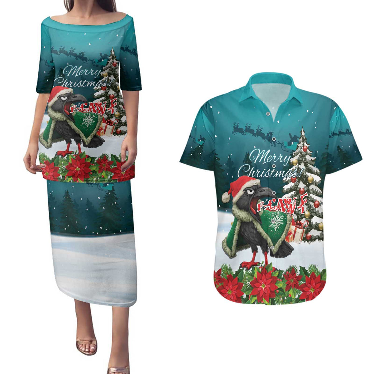 F Caw F Raven Santa Couples Matching Puletasi and Hawaiian Shirt Funny Christmas - Wonder Print Shop