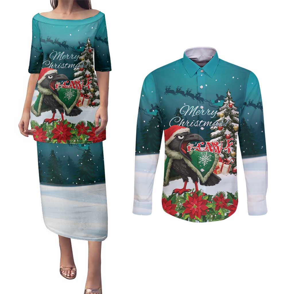 F Caw F Raven Santa Couples Matching Puletasi and Long Sleeve Button Shirt Funny Christmas - Wonder Print Shop