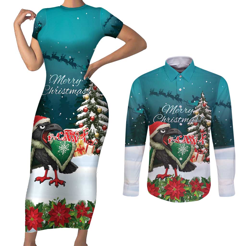 F Caw F Raven Santa Couples Matching Short Sleeve Bodycon Dress and Long Sleeve Button Shirt Funny Christmas - Wonder Print Shop