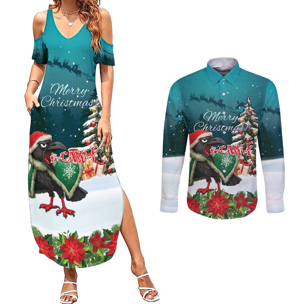 F Caw F Raven Santa Couples Matching Summer Maxi Dress and Long Sleeve Button Shirt Funny Christmas - Wonder Print Shop