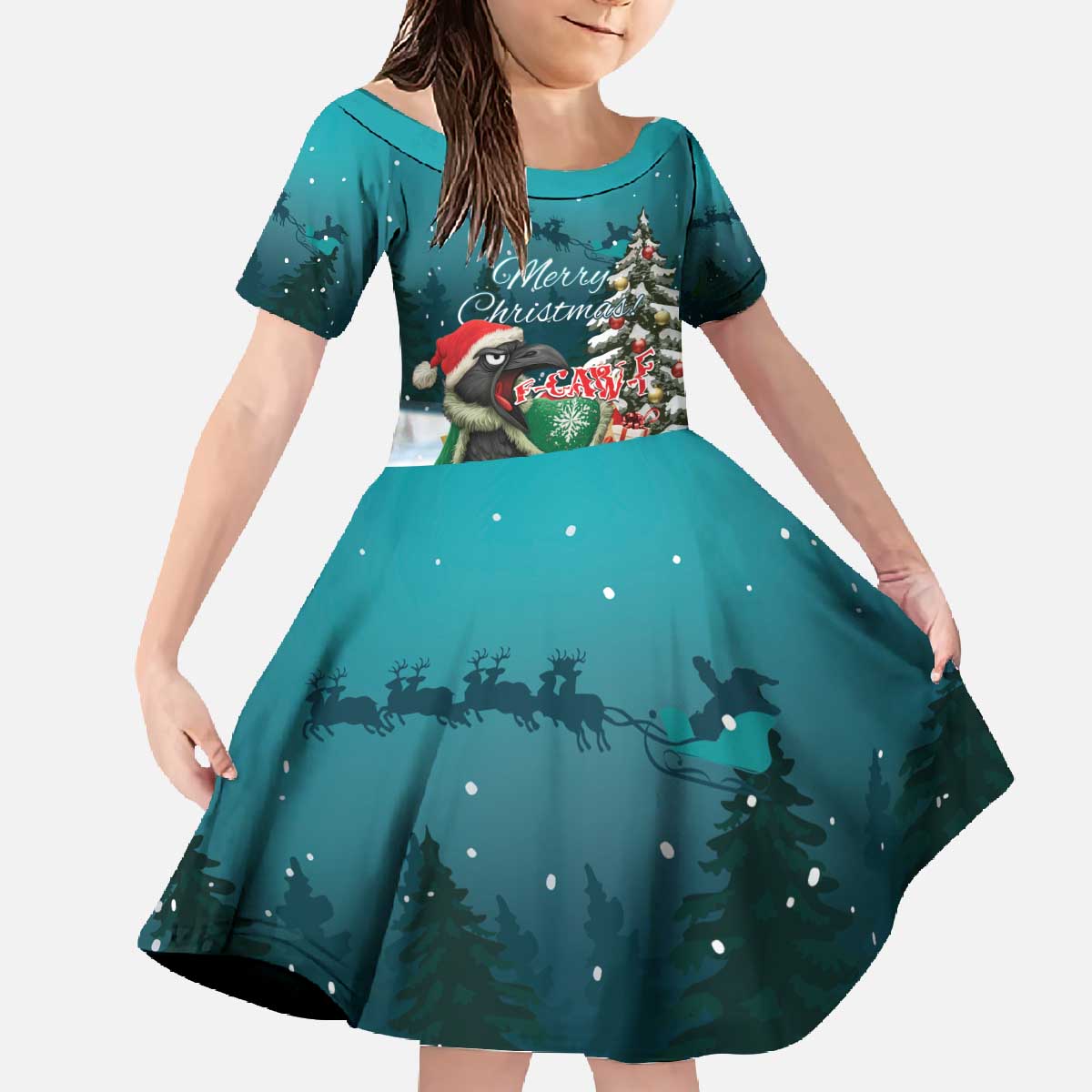 F Caw F Raven Santa Family Matching Off The Shoulder Long Sleeve Dress and Hawaiian Shirt Funny Christmas - Wonder Print Shop