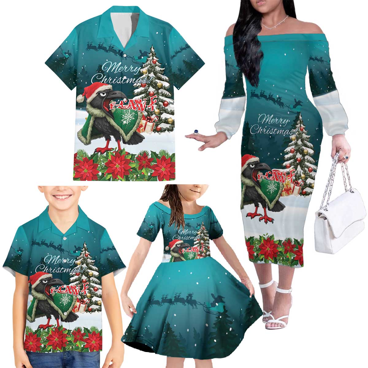 F Caw F Raven Santa Family Matching Off The Shoulder Long Sleeve Dress and Hawaiian Shirt Funny Christmas - Wonder Print Shop