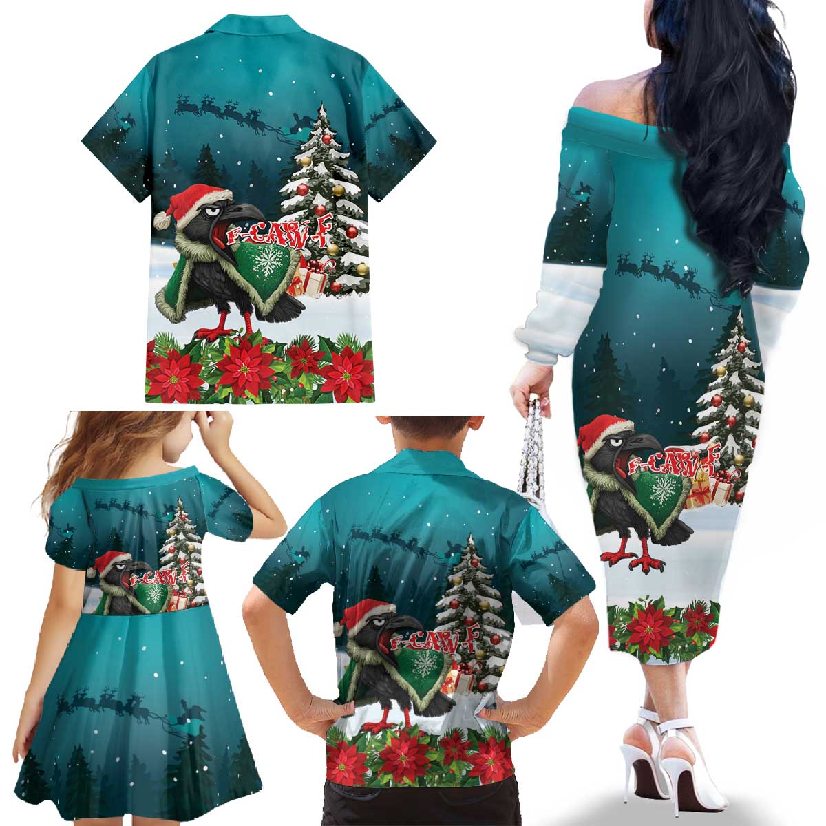 F Caw F Raven Santa Family Matching Off The Shoulder Long Sleeve Dress and Hawaiian Shirt Funny Christmas - Wonder Print Shop