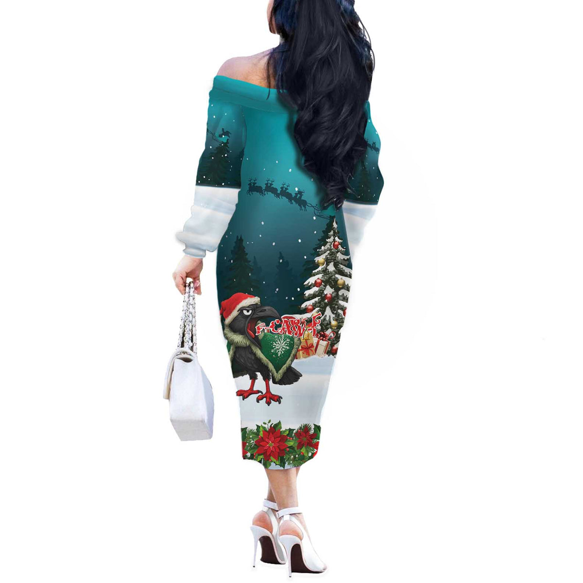 F Caw F Raven Santa Off The Shoulder Long Sleeve Dress Funny Christmas - Wonder Print Shop