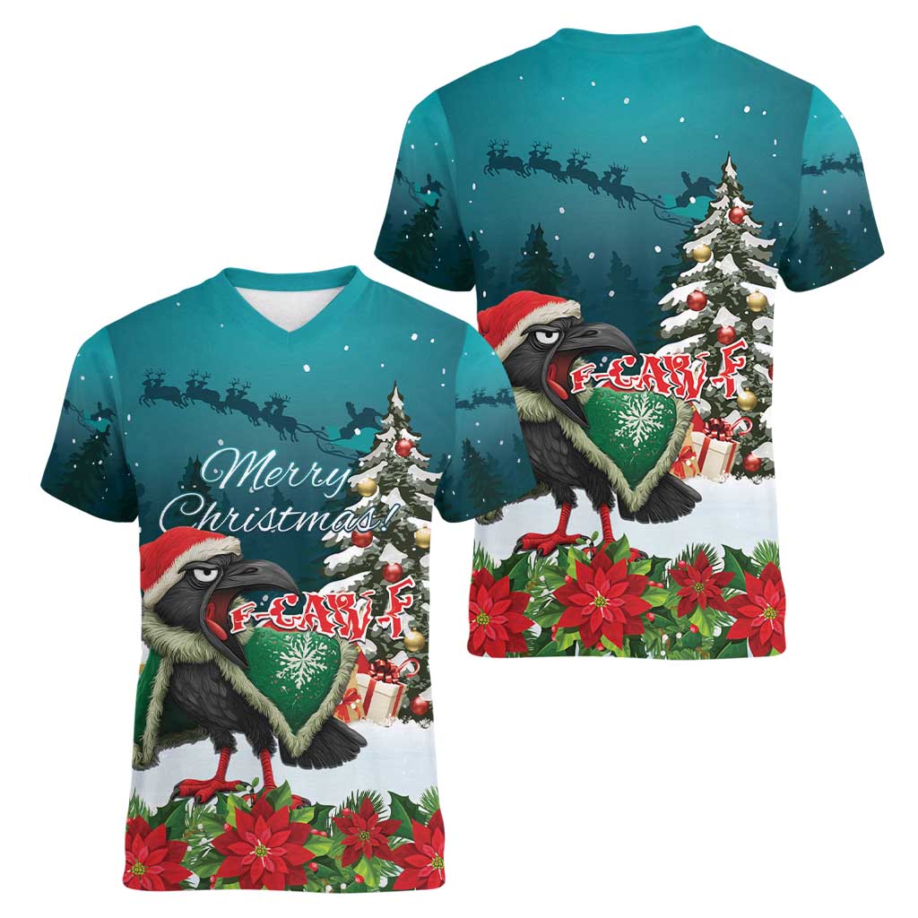 F Caw F Raven Santa Women V-Neck T-Shirt Funny Christmas - Wonder Print Shop
