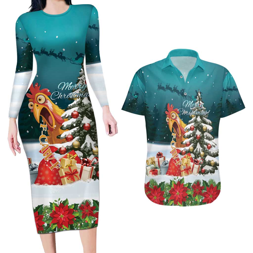 F Caw F Chicken Couples Matching Long Sleeve Bodycon Dress and Hawaiian Shirt Funny Christmas - Wonder Print Shop