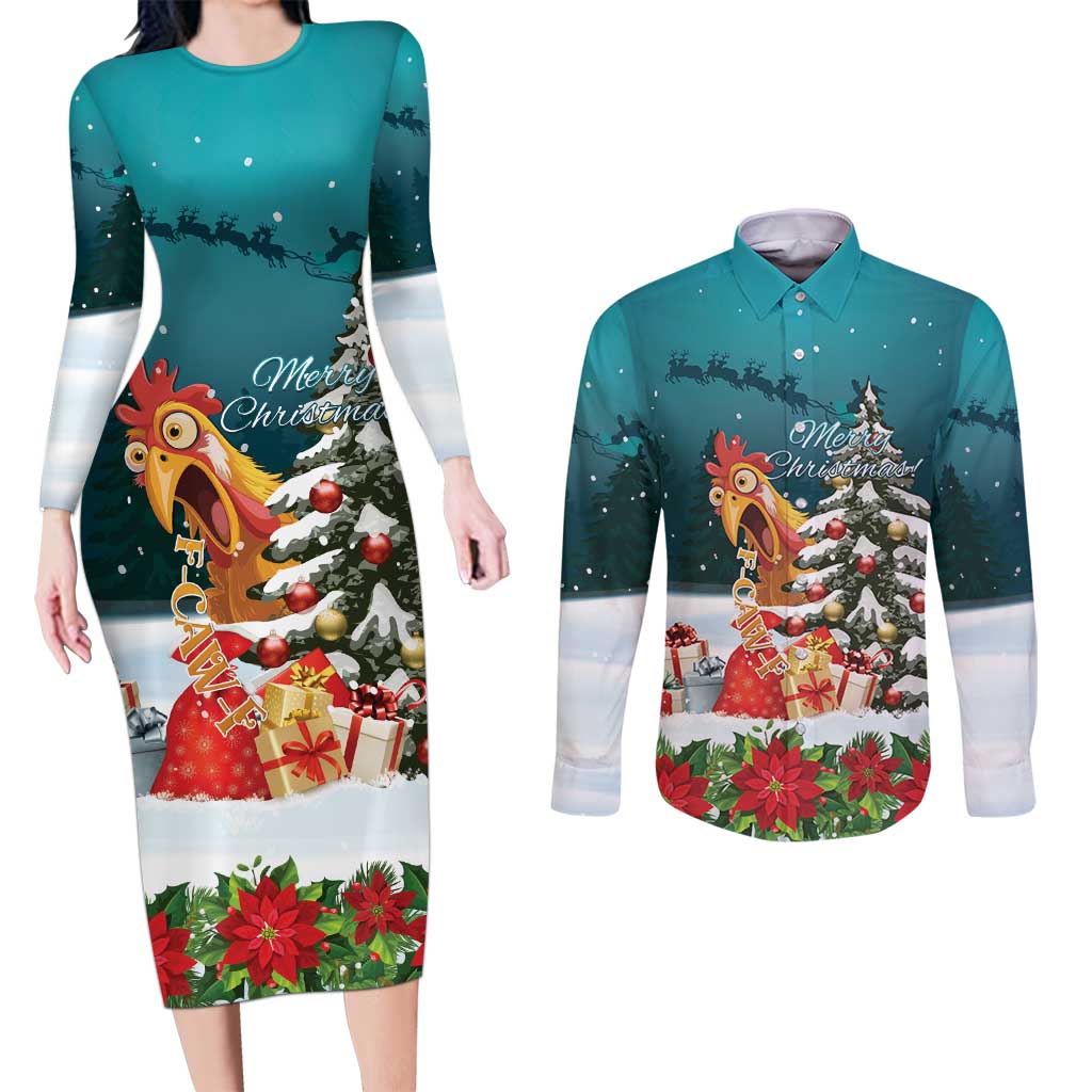 F Caw F Chicken Couples Matching Long Sleeve Bodycon Dress and Long Sleeve Button Shirt Funny Christmas - Wonder Print Shop