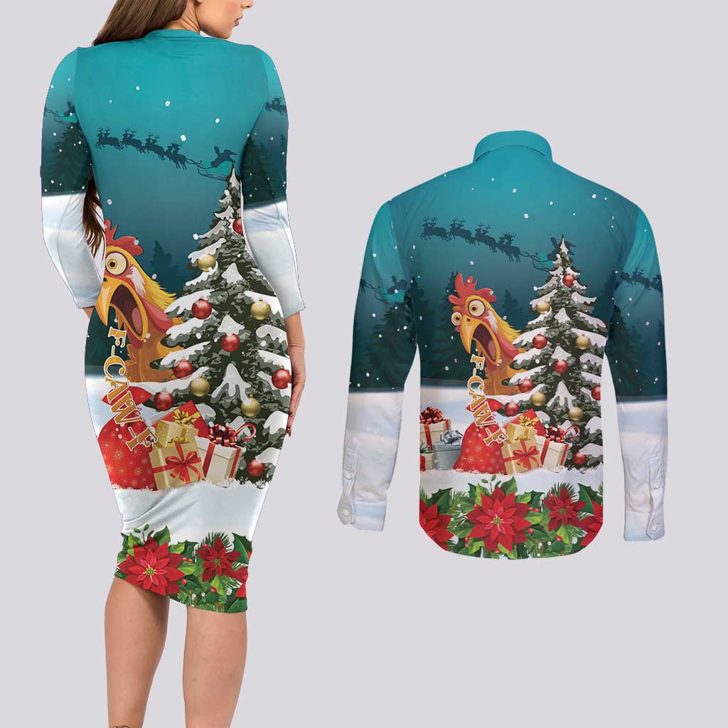 F Caw F Chicken Couples Matching Long Sleeve Bodycon Dress and Long Sleeve Button Shirt Funny Christmas - Wonder Print Shop