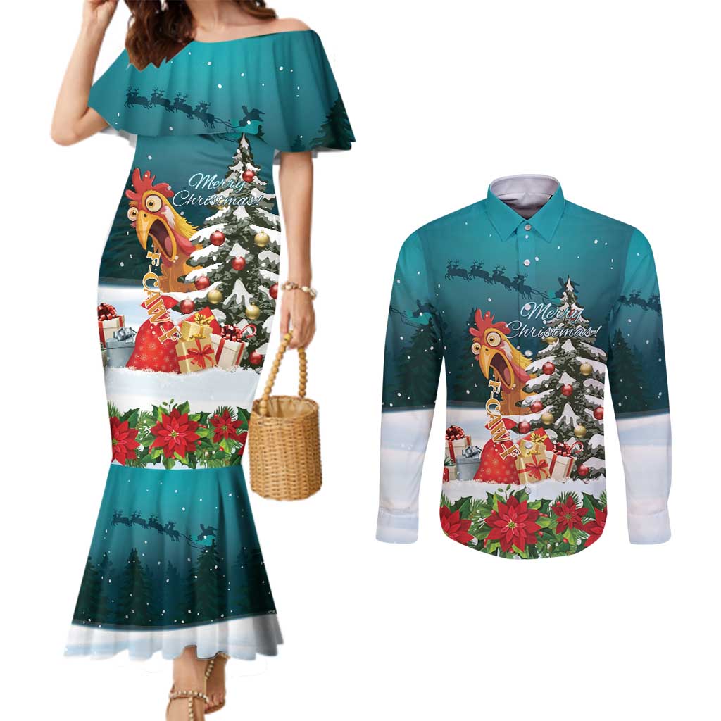 F Caw F Chicken Couples Matching Mermaid Dress and Long Sleeve Button Shirt Funny Christmas - Wonder Print Shop