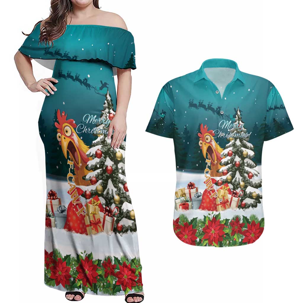 F Caw F Chicken Couples Matching Off Shoulder Maxi Dress and Hawaiian Shirt Funny Christmas - Wonder Print Shop