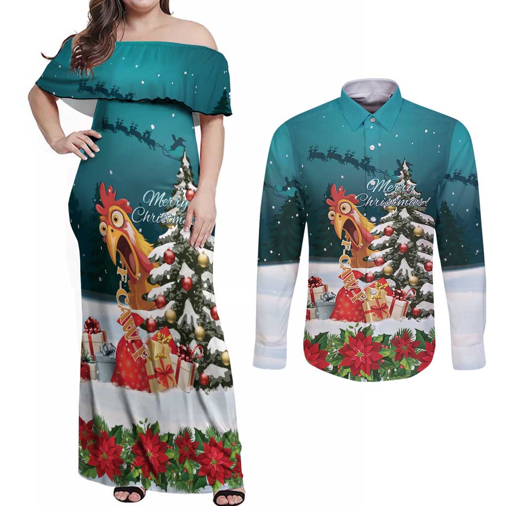 F Caw F Chicken Couples Matching Off Shoulder Maxi Dress and Long Sleeve Button Shirt Funny Christmas - Wonder Print Shop