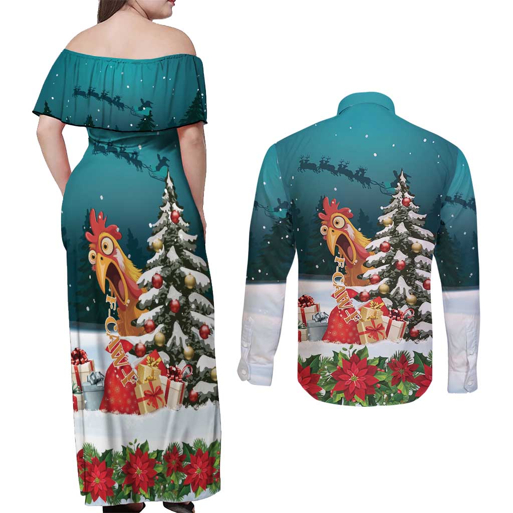 F Caw F Chicken Couples Matching Off Shoulder Maxi Dress and Long Sleeve Button Shirt Funny Christmas - Wonder Print Shop