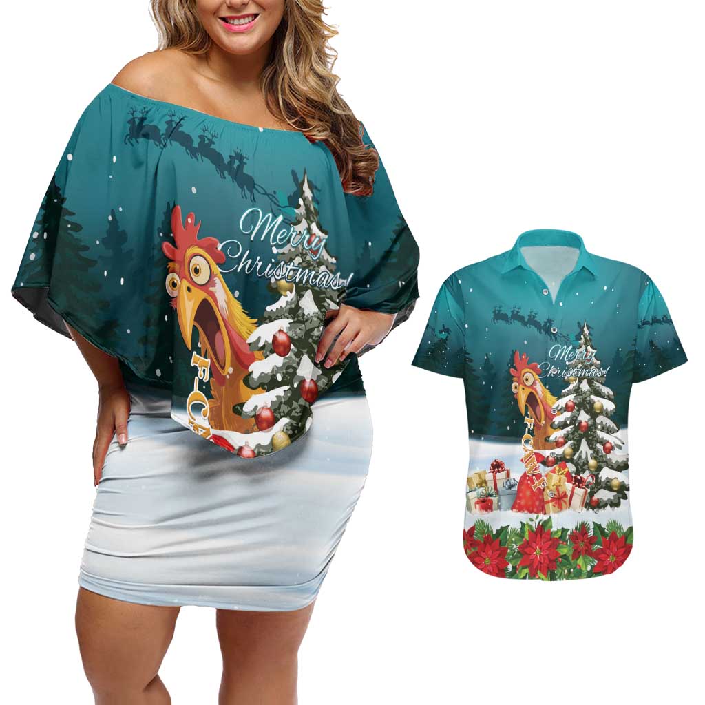 F Caw F Chicken Couples Matching Off Shoulder Short Dress and Hawaiian Shirt Funny Christmas - Wonder Print Shop