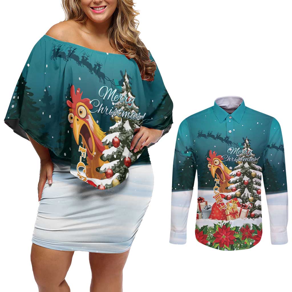 F Caw F Chicken Couples Matching Off Shoulder Short Dress and Long Sleeve Button Shirt Funny Christmas - Wonder Print Shop