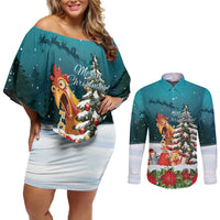 F Caw F Chicken Couples Matching Off Shoulder Short Dress and Long Sleeve Button Shirt Funny Christmas - Wonder Print Shop
