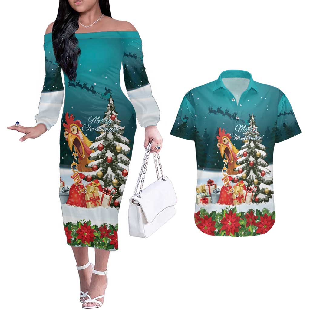 F Caw F Chicken Couples Matching Off The Shoulder Long Sleeve Dress and Hawaiian Shirt Funny Christmas - Wonder Print Shop