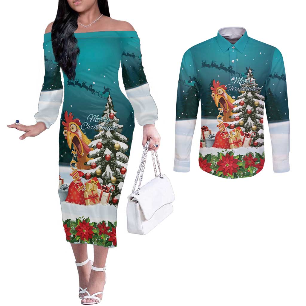 F Caw F Chicken Couples Matching Off The Shoulder Long Sleeve Dress and Long Sleeve Button Shirt Funny Christmas - Wonder Print Shop