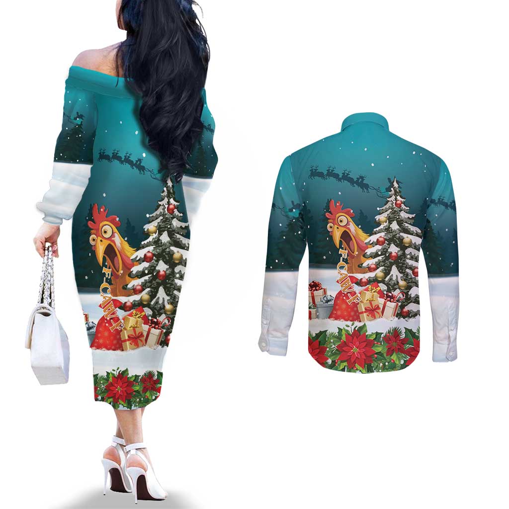 F Caw F Chicken Couples Matching Off The Shoulder Long Sleeve Dress and Long Sleeve Button Shirt Funny Christmas - Wonder Print Shop