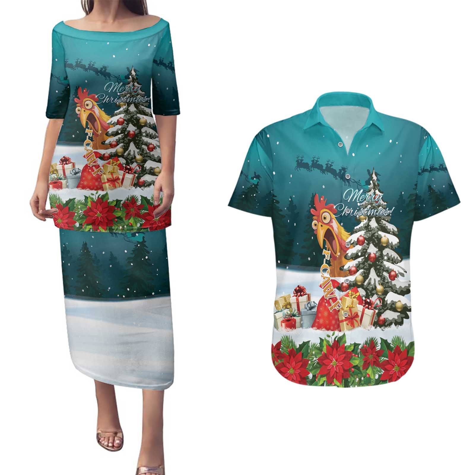 F Caw F Chicken Couples Matching Puletasi and Hawaiian Shirt Funny Christmas - Wonder Print Shop