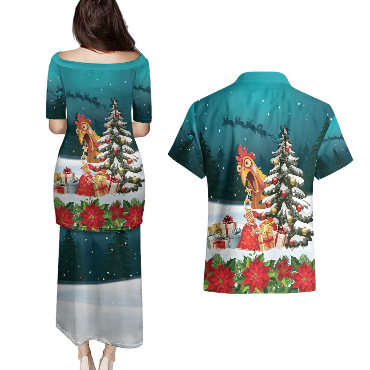 F Caw F Chicken Couples Matching Puletasi and Hawaiian Shirt Funny Christmas - Wonder Print Shop