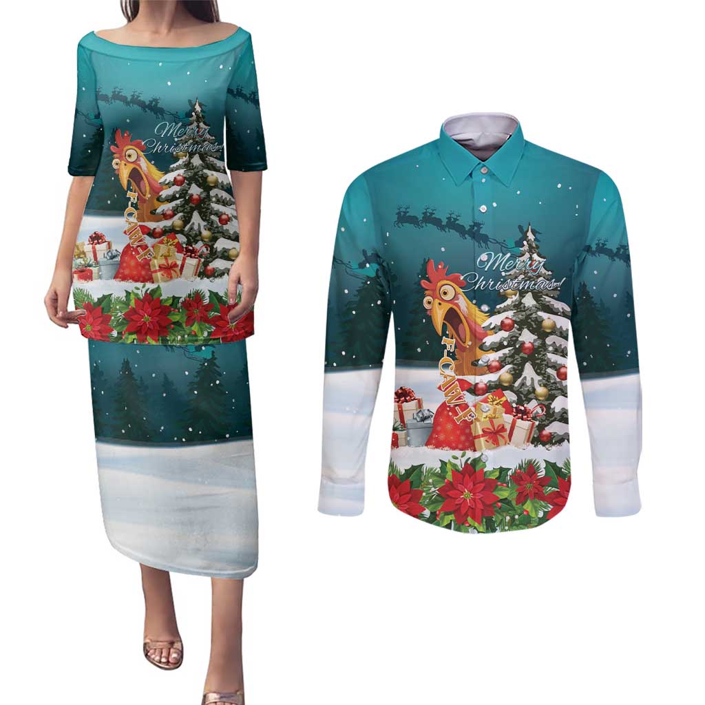 F Caw F Chicken Couples Matching Puletasi and Long Sleeve Button Shirt Funny Christmas - Wonder Print Shop