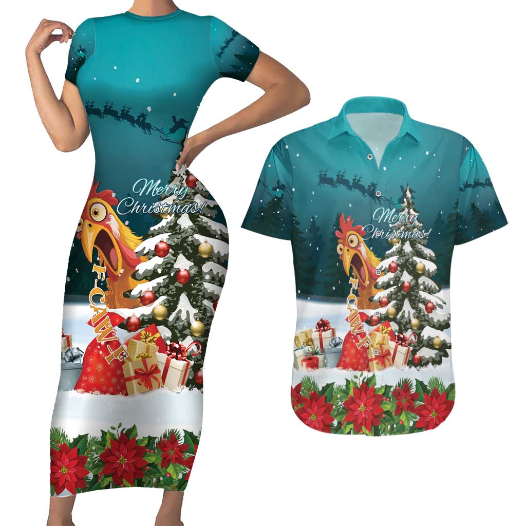 F Caw F Chicken Couples Matching Short Sleeve Bodycon Dress and Hawaiian Shirt Funny Christmas - Wonder Print Shop