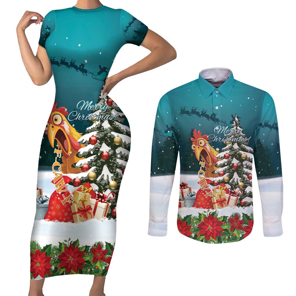 F Caw F Chicken Couples Matching Short Sleeve Bodycon Dress and Long Sleeve Button Shirt Funny Christmas - Wonder Print Shop