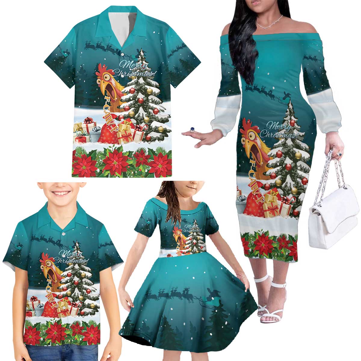 F Caw F Chicken Family Matching Off The Shoulder Long Sleeve Dress and Hawaiian Shirt Funny Christmas - Wonder Print Shop