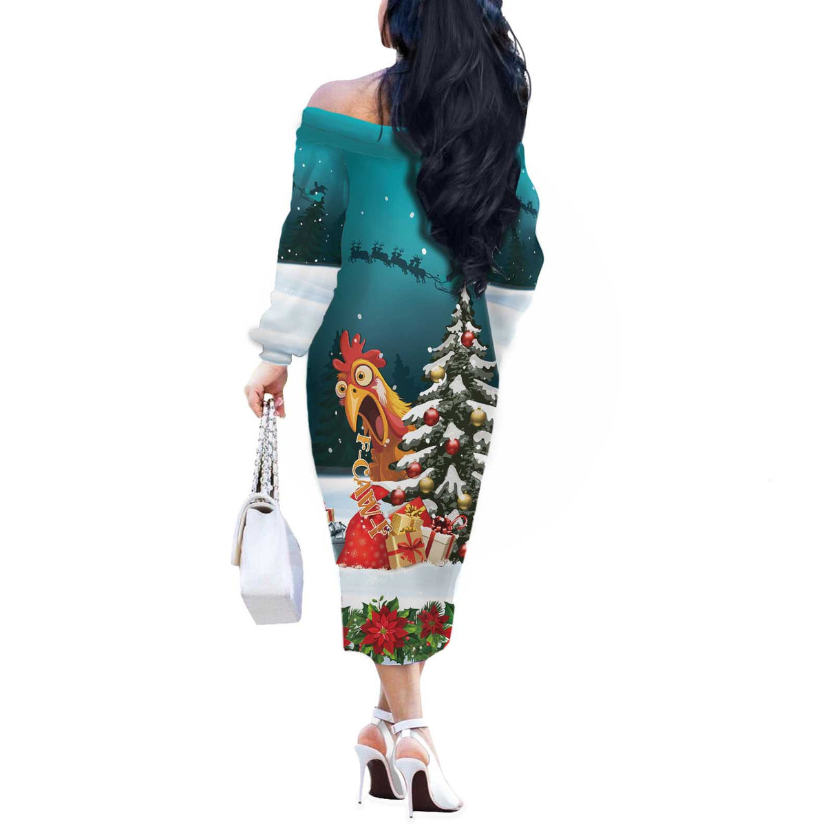 F Caw F Chicken Off The Shoulder Long Sleeve Dress Funny Christmas - Wonder Print Shop